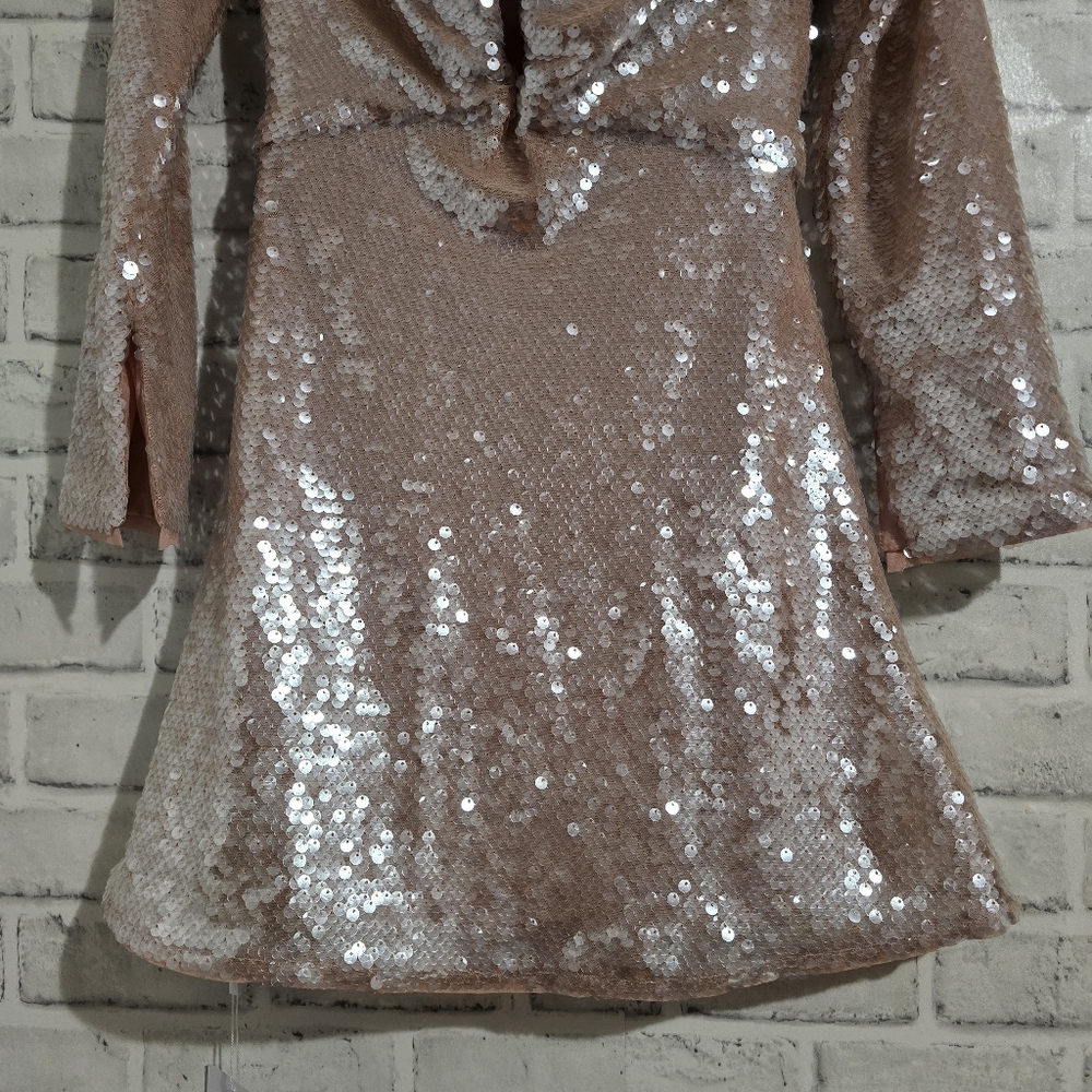 NEW Self Portrait Off The‎ Shoulder Sequin Mini Dress Beige Size 2 - Picture 9 of 13
